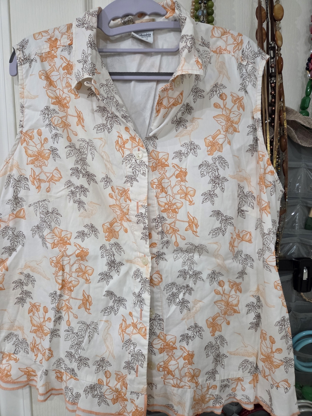 Columbia Women's Sleeveless Floral Button-Down Shirt - Orange & Gray on White XL